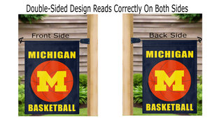 blue michigan basketball logo garden flag hung from both sides on a mailbox flagpole reading correctly