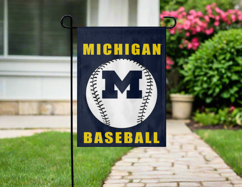 Blue Michigan Baseball garden flag hung outside on a garden flag stand
