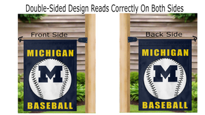 blue michigan baseball garden flag displayed from both sides while hung on a mailbox flagpole