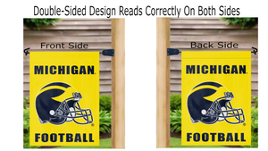 Two sides of a gold Michigan football garden flag hung from mailbox flagpole