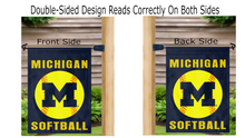 Load image into Gallery viewer, Two sides of a Michigan Softball garden flag showing text and logo from both sides hung from mailbox flagpole.
