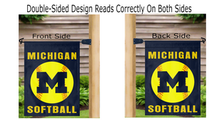 Two sides of a Michigan Softball garden flag showing text and logo from both sides hung from mailbox flagpole.
