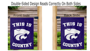 purple double sided kansas state university garden flag with this is country logo hung on mailbox flagpole reading correctly on both sides