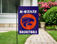 Load image into Gallery viewer, purple kansas state basketball garden flag hung on garden flag stand outside
