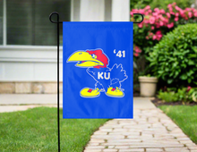 Load image into Gallery viewer, University of Kansas garden flag hung outside with 1941 Jayhawk logo
