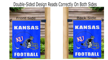 Load image into Gallery viewer, double sided kansas football garden flag hung on mailbox flagpole displayed from both sides
