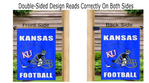 double sided kansas football garden flag hung on mailbox flagpole displayed from both sides