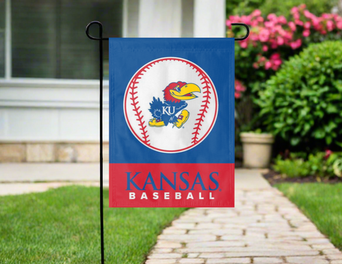 blue and red kansas baseball garden flag hung outside from a black garden flag stand