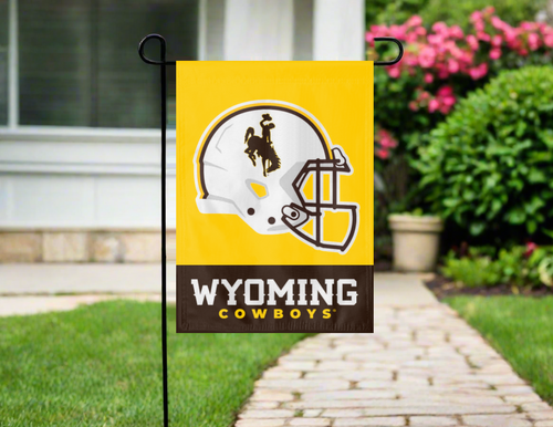 Wyoming Cowboys Football garden flag hung on garden flag stand outside