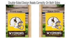 Load image into Gallery viewer, Wyoming Cowboys Football double sided garden flag hung on mailbox flagpole displayed from both sides
