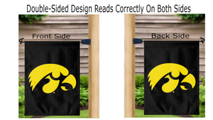 black university of Iowa garden flag hanging on mailbox flagpole