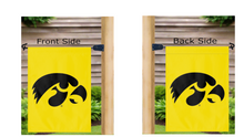 Load image into Gallery viewer, gold university of Iowa garden flag hanging on mailbox flagpole
