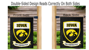 double sided iowa hawkeyes garden flag with shield logo and go hawkeyes hanging on mailbox flagpole displayed from both sides