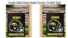 Load image into Gallery viewer, double sided iowa football logo garden flag displayed correctly on both sides
