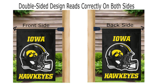 double sided iowa football logo garden flag displayed correctly on both sides