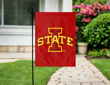 Load image into Gallery viewer, red iowa state university garden flag hung outside from a garden flag stand
