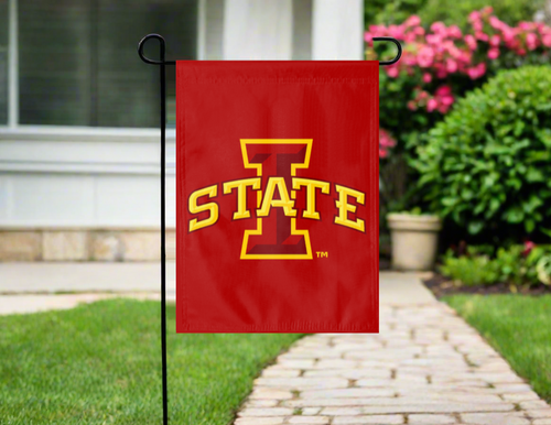 red iowa state university garden flag hung outside from a garden flag stand