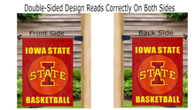 Load image into Gallery viewer, Iowa State basketball garden flag showing front and back sides while hanging on mailbox flagpole
