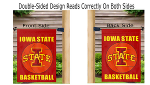 Iowa State basketball garden flag showing front and back sides while hanging on mailbox flagpole