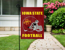 Load image into Gallery viewer, Iowa State football garden flag on a pole in front of a house with a pathway and flowers.
