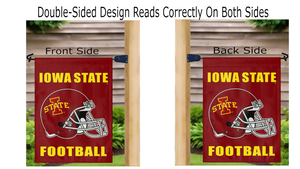 Double-sided Iowa State football garden flag displayed correctly on both sides from a mailbox flagpole