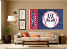 Load image into Gallery viewer, blue and red 3x5 Arizona Baseball Flag with two metal grommets covering tan wall of well lit room
