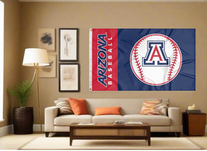blue and red 3x5 Arizona Baseball Flag with two metal grommets covering tan wall of well lit room