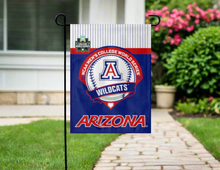 Load image into Gallery viewer, arizona baseball 2025 college world series garden flag hanging on garden flag stand outside
