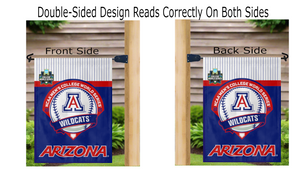 Double-sided garden flag with Arizona baseball CWS 2025 logo displayed correctly on both sides