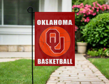 Load image into Gallery viewer, red oklahoma basketball garden flag hung on garden flag stand outside
