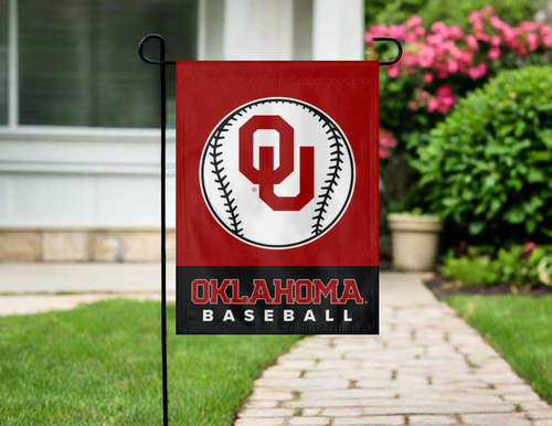 red and black oklahoma baseball garden flag hung on garden flag stand outside