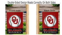 Load image into Gallery viewer, red and black oklahoma softball garden flag displayed correctly on both sides hung from a mailbox flagpole

