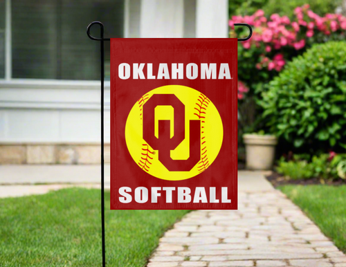 red oklahoma softball garden flag hung from garden flag stand outside