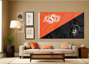 3x5 Oklahoma State Flag with House Divided Style OSU and Pistol Pete Logo covering tan wall of well lit room