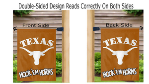 university of Texas garden flag with hook em horns logo hanging on mailbox flagpole