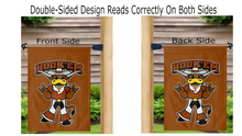 Load image into Gallery viewer, texas university double sided garden flag with hook em horns logo hanging on mailbox flagpole outside
