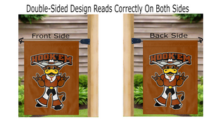 texas university double sided garden flag with hook em horns logo hanging on mailbox flagpole outside