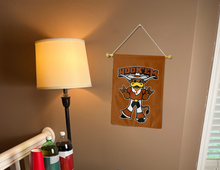 Load image into Gallery viewer, texas university garden flag with hook em horns logo hanging on banner pole next to a lamp and drinks
