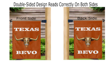 Load image into Gallery viewer, university of texas double sided garden flag with bevo logo hanging outside on mailbox flagpole displayed correctly from both sides
