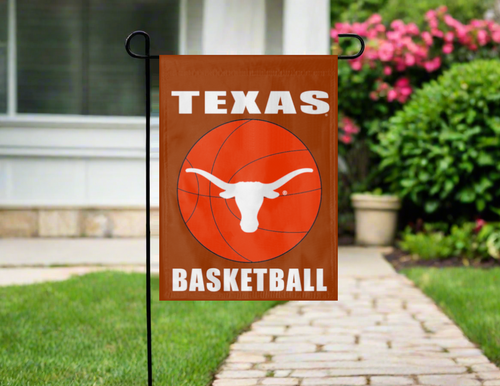 texas basketball garden flag hanging outside on garden flag stand