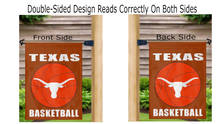 Load image into Gallery viewer, texas basketball double sided garden flag displayed from both sides on mailbox flagpole
