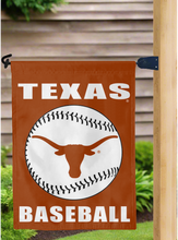 Load image into Gallery viewer, orange Texas Baseball Garden Flag hanging on mailbox flag pole
