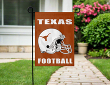 Load image into Gallery viewer, texas longhorns football garden flag hanging outside on a garden flag stand
