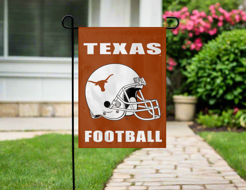 texas longhorns football garden flag hanging outside on a garden flag stand