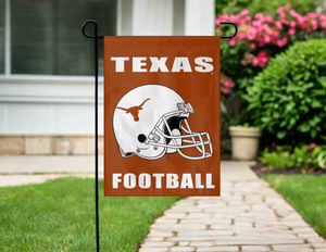 texas longhorns football garden flag hanging outside on a garden flag stand