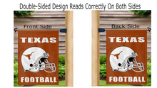 Load image into Gallery viewer, double sided texas football garden flag displayed from both sides while hanging on a mailbox flagpole
