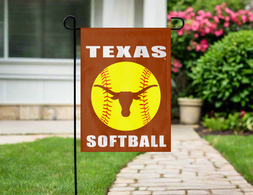 texas softball garden flag hung outside on garden flag stand