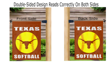 Load image into Gallery viewer, double sided texas softball garden flag displayed from both sides on mailbox flagpole
