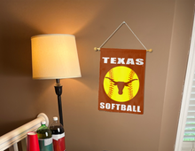 Load image into Gallery viewer, texas softball garden flag hanging on banner pole next to a lamp and drinks
