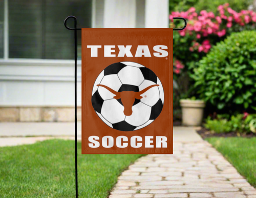 texas soccer garden flag hanging on garden flag stand outside